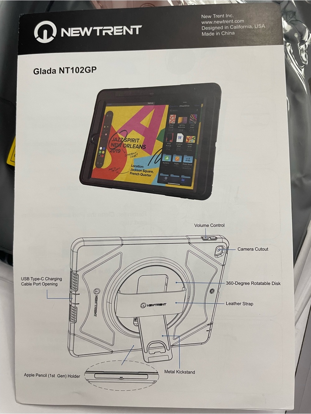Glada NT102GP Tablet Case — Black Rugged Rotating Stand